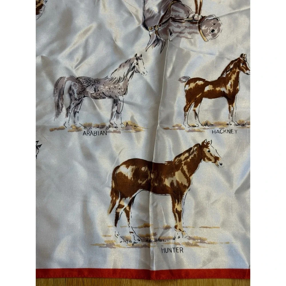 Vintage Horse Breeds Square Scarf Red White Equestrian Made in Japan 29x29